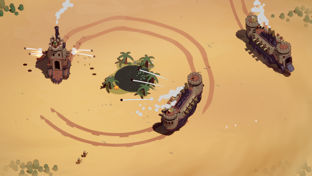 Official early screenshot of wheeled fortresses trading cannon fire near a desert oasis