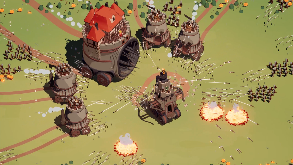 Official early screenshot of castles and ranks of soldiers amid arrows and explosions