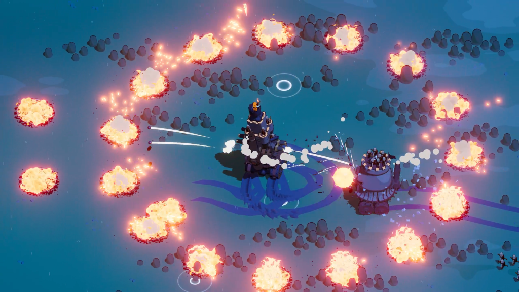 Official early screenshot of two fortresses inside a ring of fiery explosions in a blue landscape