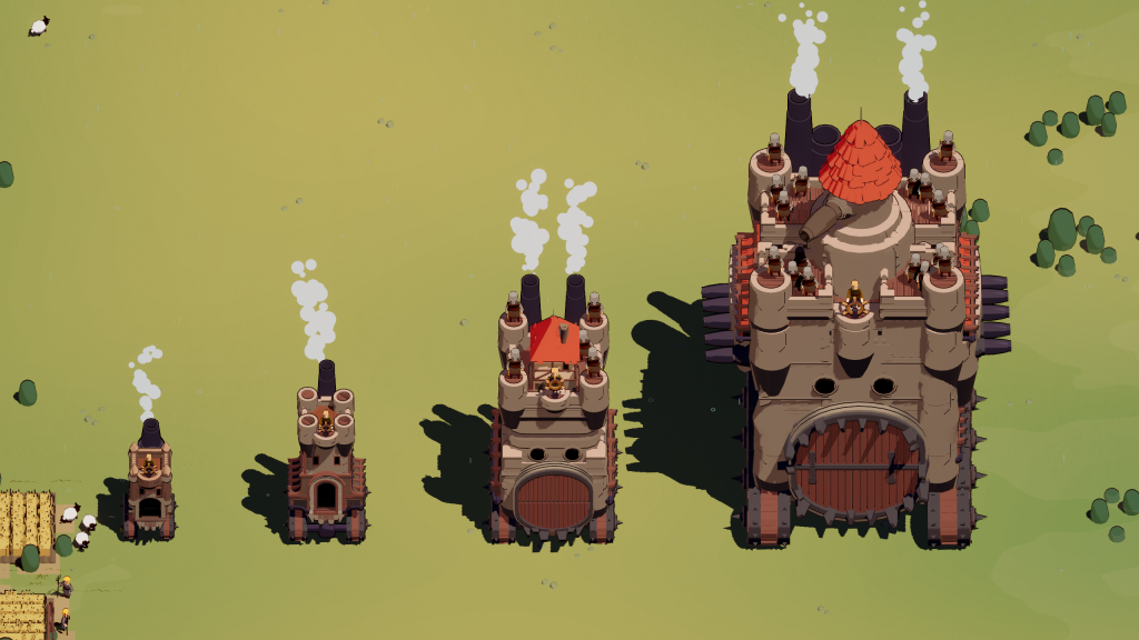 Official early screenshot showing four progressively larger wheeled castles