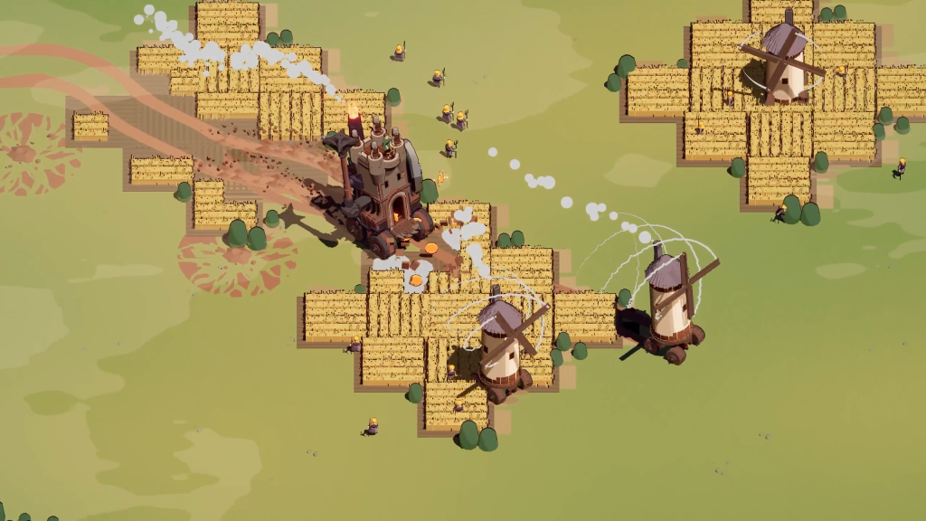 Official early screenshot of a wheeled castle among wheat fields and moving windmills
